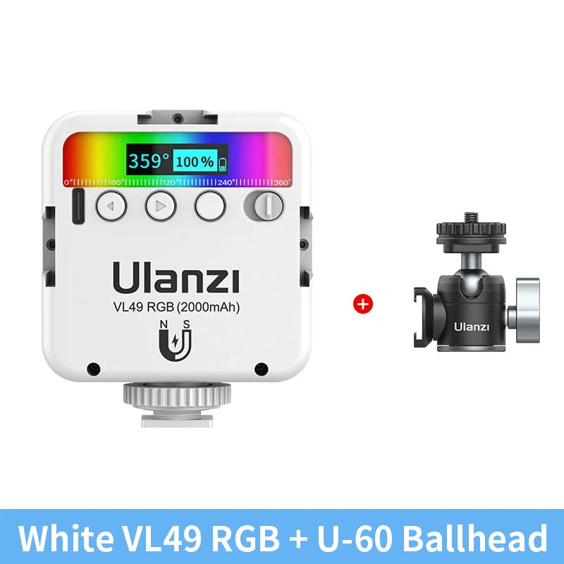 Ulanzi VL49 Full Color RGB LED Video Light 2500K-9000K 800LUX Magnetic Mini Fill 3 Cold Shoe 2000Mah Type-C Camera Light