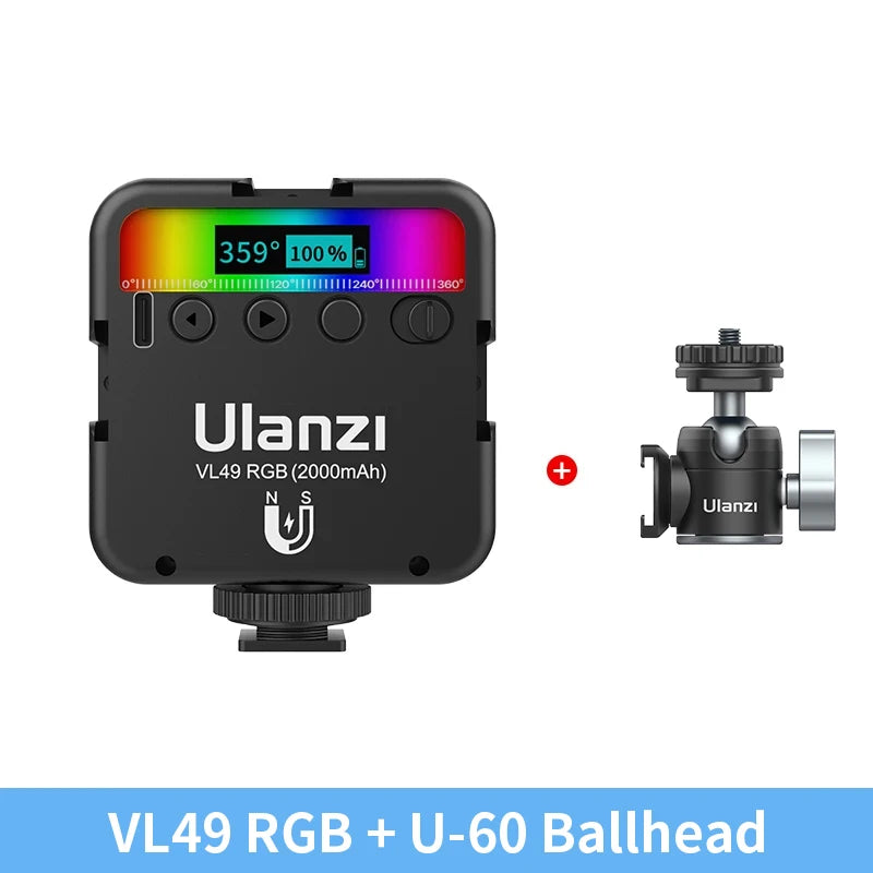 Ulanzi VL49 Full Color RGB LED Video Light 2500K-9000K 800LUX Magnetic Mini Fill 3 Cold Shoe 2000Mah Type-C Camera Light