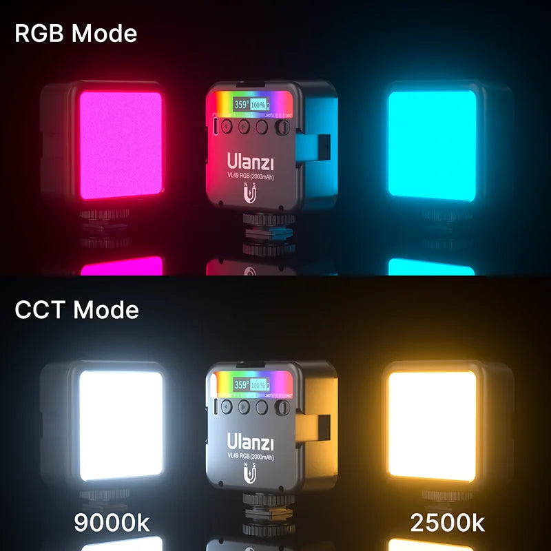 Ulanzi VL49 Full Color RGB LED Video Light 2500K-9000K 800LUX Magnetic Mini Fill 3 Cold Shoe 2000Mah Type-C Camera Light