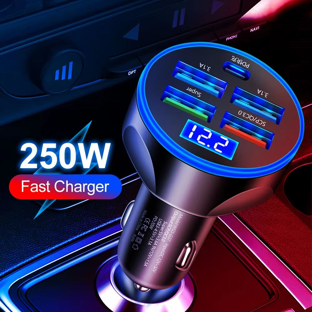 250W 4USB PD Car Charger – Super Fast Type-C Adapter QC 3.0 for iPhone, Samsung, Huawei, Xiaomi & More"