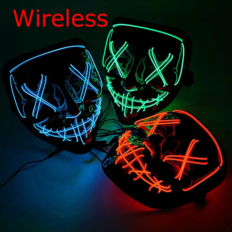 Wireless Neon LED Purge Mask Glow in The Dark Cosplay Horror Mask Halloween Masquerade Party Masks Glowing Funny Dress Up